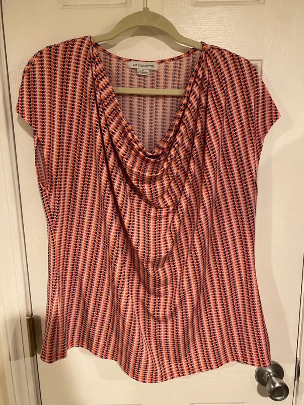 Liz Claiborne Coral and Black Geometric Cowl Neck Top